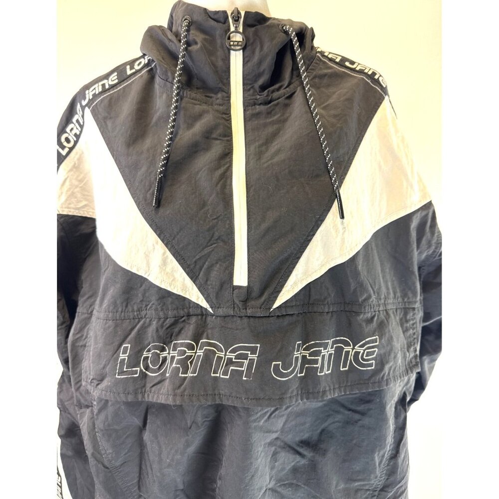 Lorna Jane Black & White Windbreaker Jacket Hood & Drawstring Hem Oversize - Picture 2 of 14